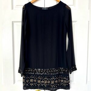 MARCIANO Dress Black Beaded Hem & Sleeves Size XS